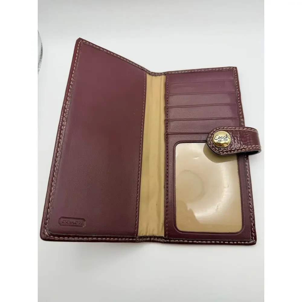 Coach Signature Jacquard Checkbook Wallet Burgundy Pink - EUC
